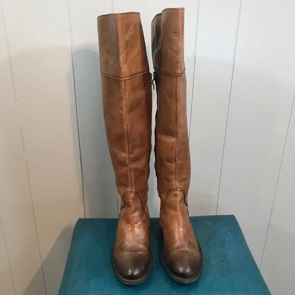 Vince Camuto Brown Leather Factory Distressed Embellished Heel Tall Boots 7.5 B - Picture 7 of 12